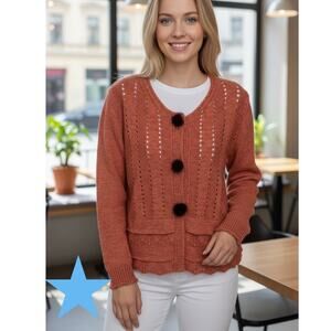 Skovhuus Denmark Womens Burnt Orange Handknit Ponte Cardigan Sweater L 10 NWOT